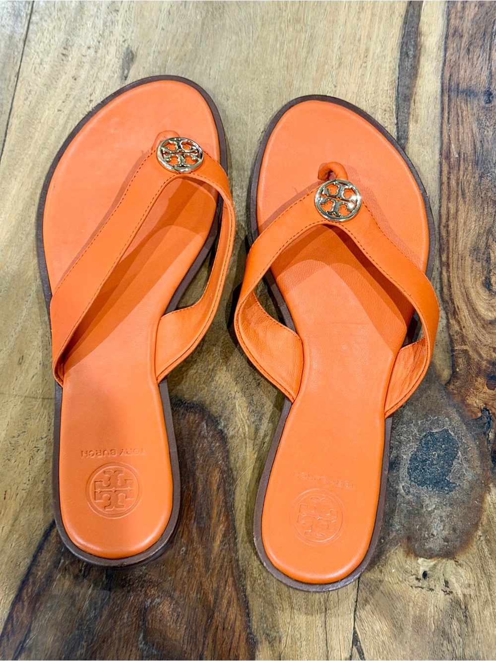 Tory Burch Orange Leather Thong Sandals with Gold Logo Accent- Never Worn
